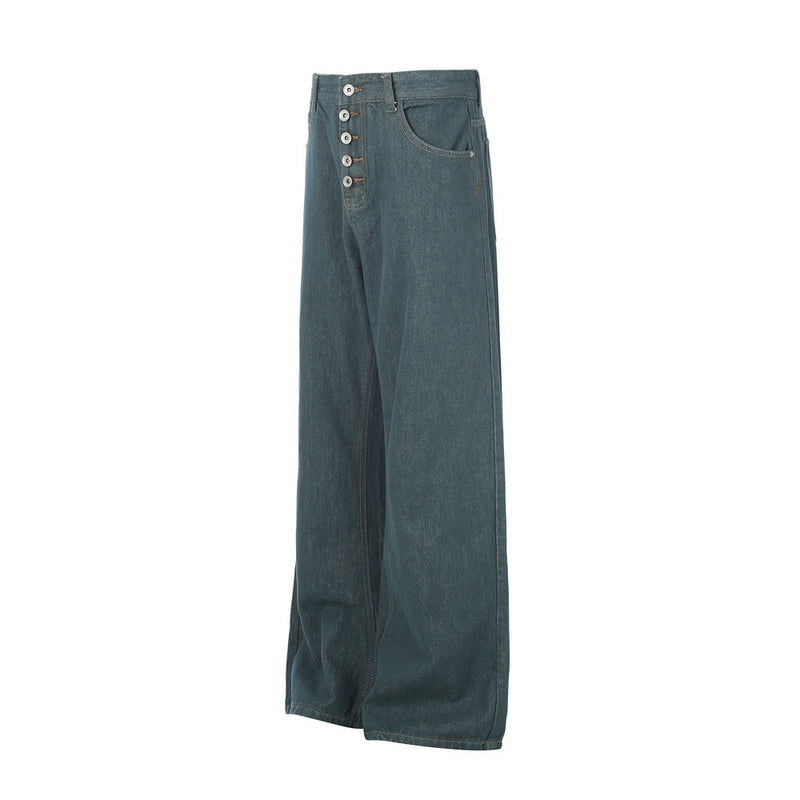 Jeans larges homme – Pantalon droit en denim vert canard à braguette boutonnée