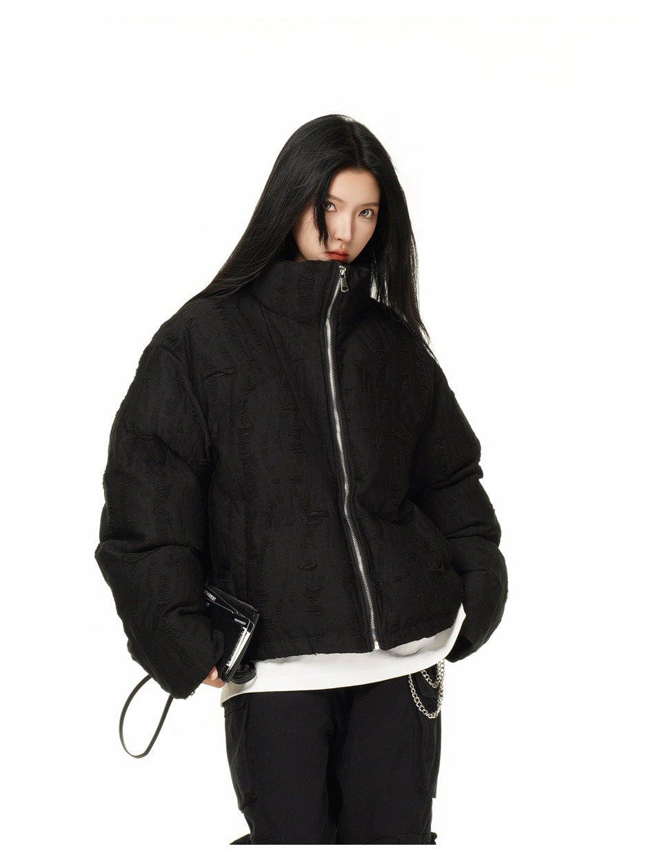 Distressed Texture Puffer Jacket Stand Collar Padded Coat
