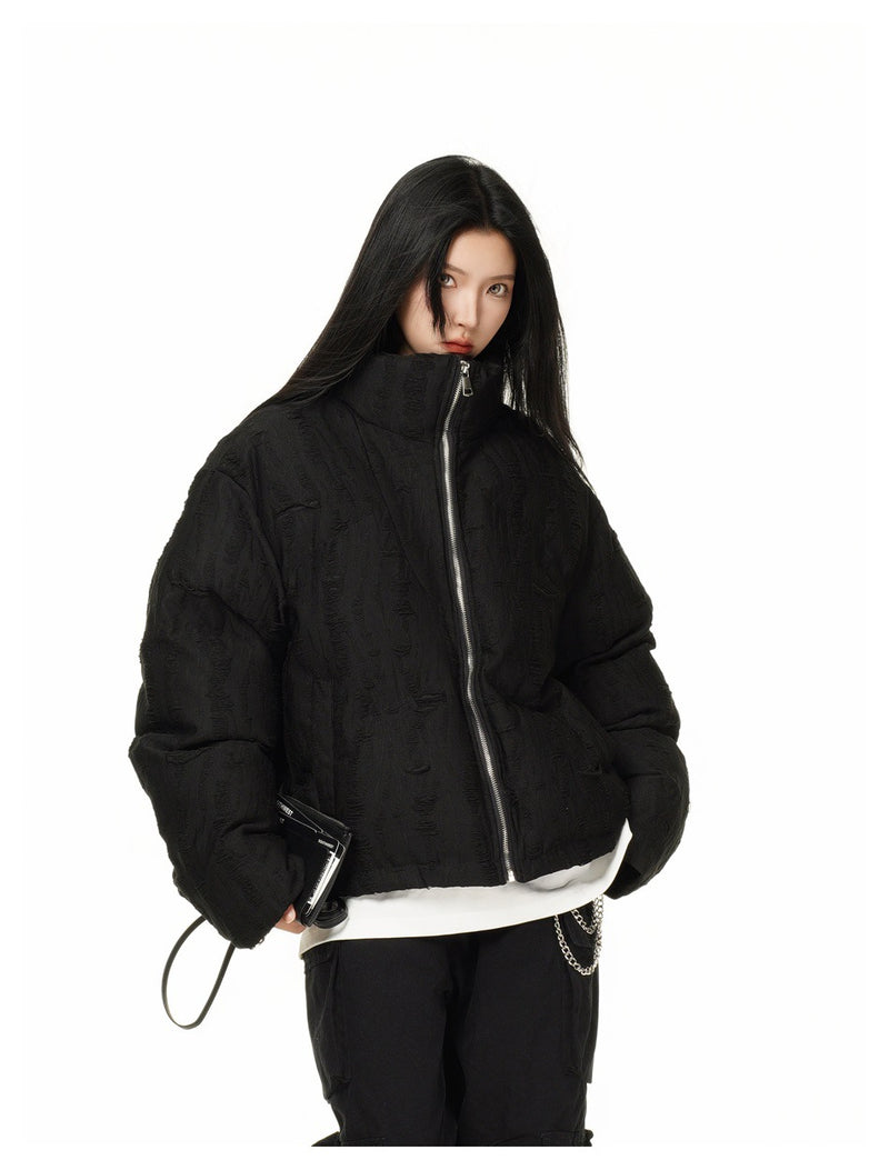 Distressed Texture Puffer Jacket Stand Collar Padded Coat