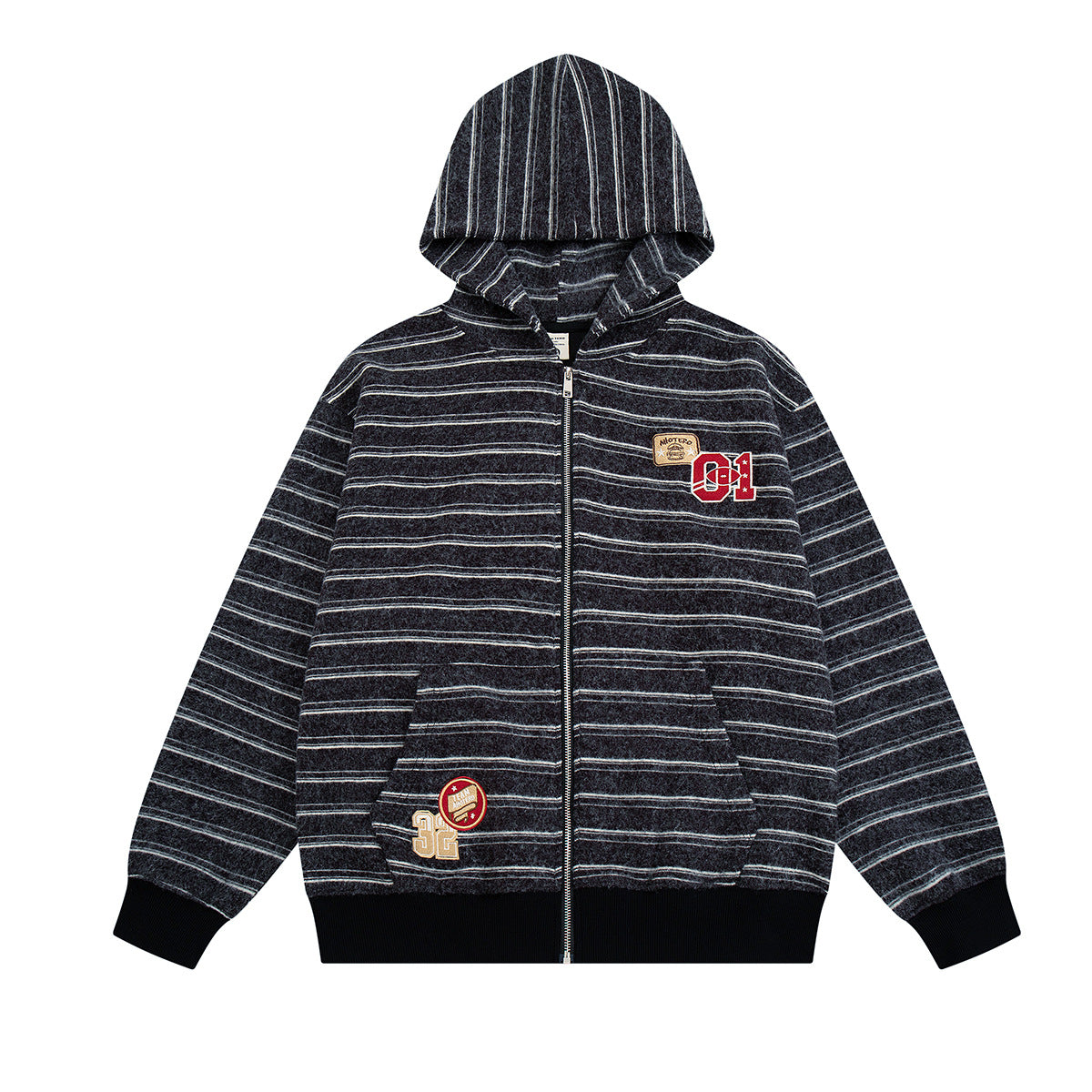 Sudadera de rayas con cremallera y parches varsity – Cárdigan retro americano de felpa