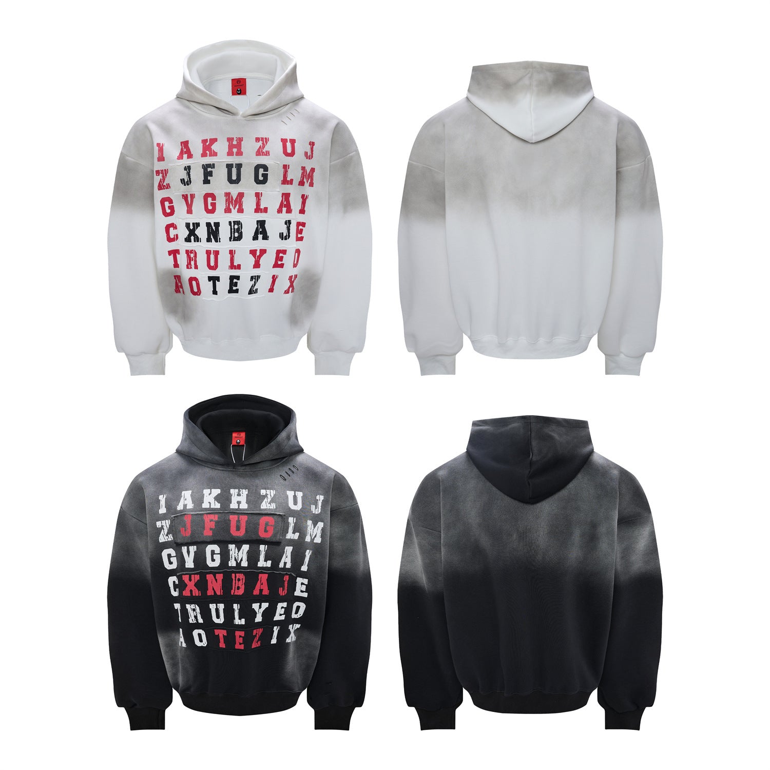 Letter Grid Oversized Hoodie – Acid-Washed Distressed Streetwear Pullover