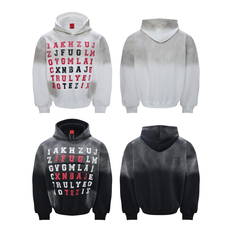 Letter Grid Oversized Hoodie – Acid-Washed Distressed Streetwear Pullover