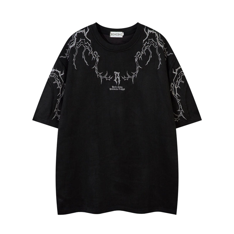 Oversized Gothic-T-Shirt mit Dornenstickerei – Kurzarmshirt im American-Streetwear-Stil