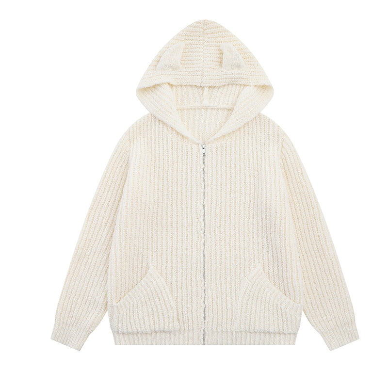 Sweater Zip Up Hoodie Bear Ear Knit Cardigan with Front Pockets