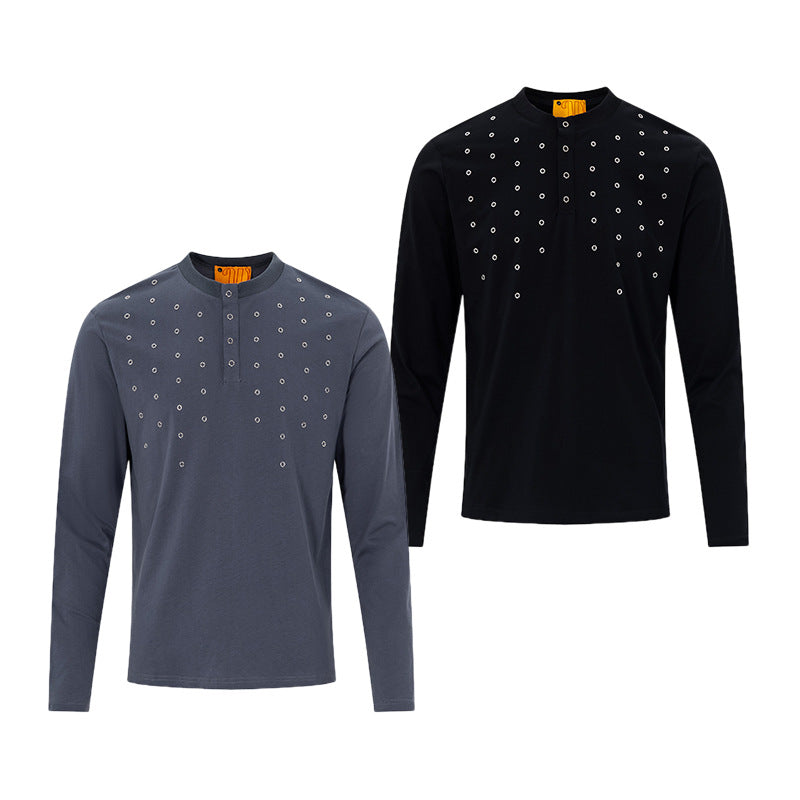 T-shirt Henley homme à manches longues avec détails à œillets – Coupe slim, style américain rétro