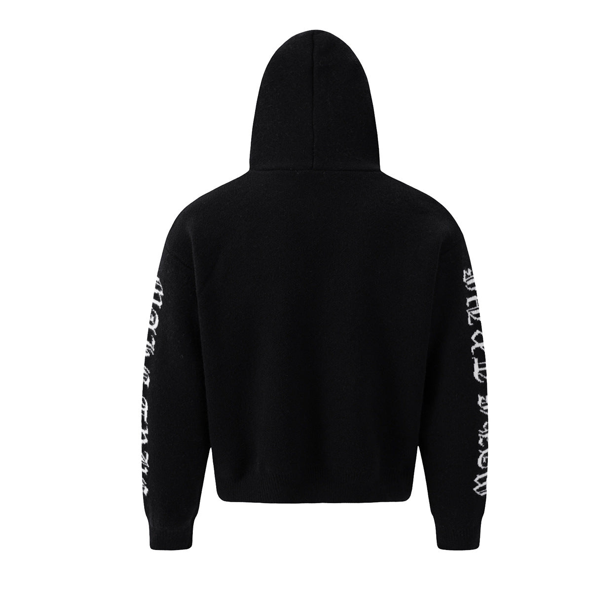 Gothic Cross Knit Zip-Up Hoodie with Old English Sleeve Script