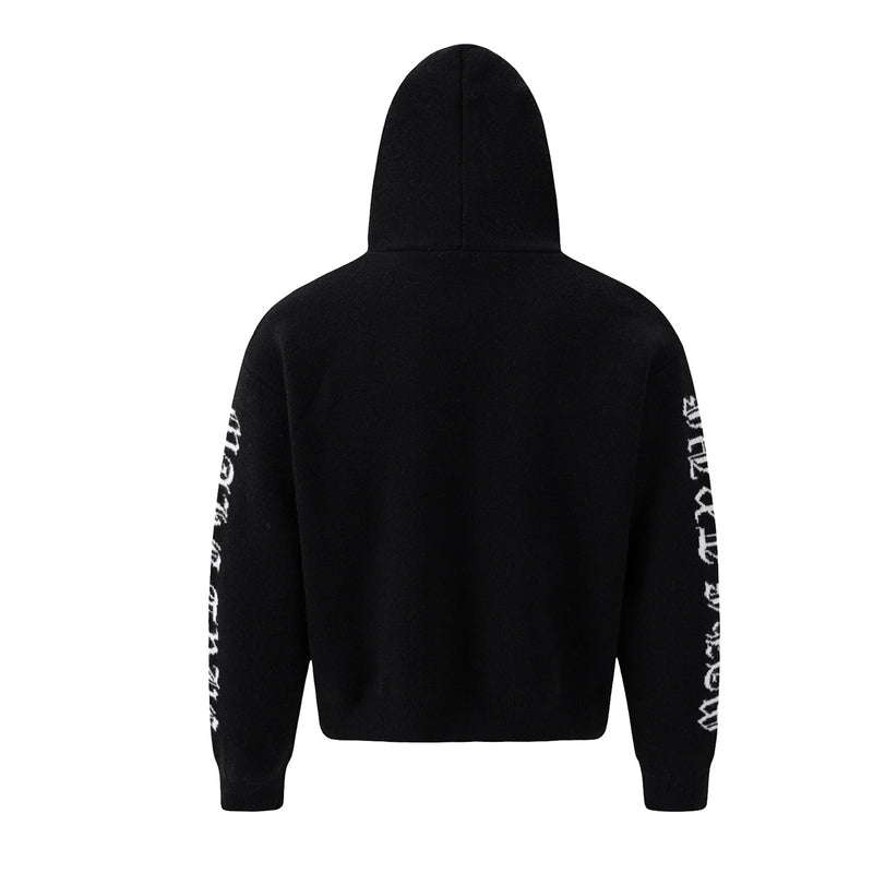 Gothic Cross Knit Zip-Up Hoodie with Old English Sleeve Script