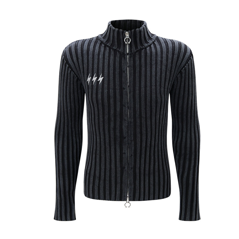 Ribbed Knit Mock-Neck Full-Zip Cardigan Sweater with Lightning Bolt Embroidery