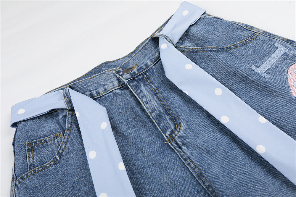 I Love RUNTENG Letter Print Wide-Leg Denim Shorts with Polka Dot Tie Detail