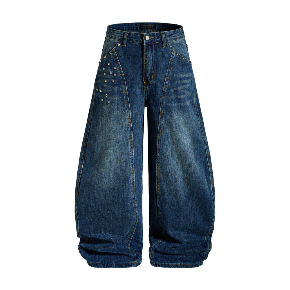 Men's Baggy Black Jeans Wide-Leg Rivet Punk Washed Denim Pants