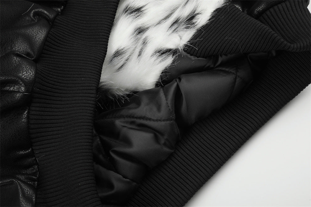 Men's Faux Leather Bomber Jacket with Diagonal Zip & Faux Fur Collar