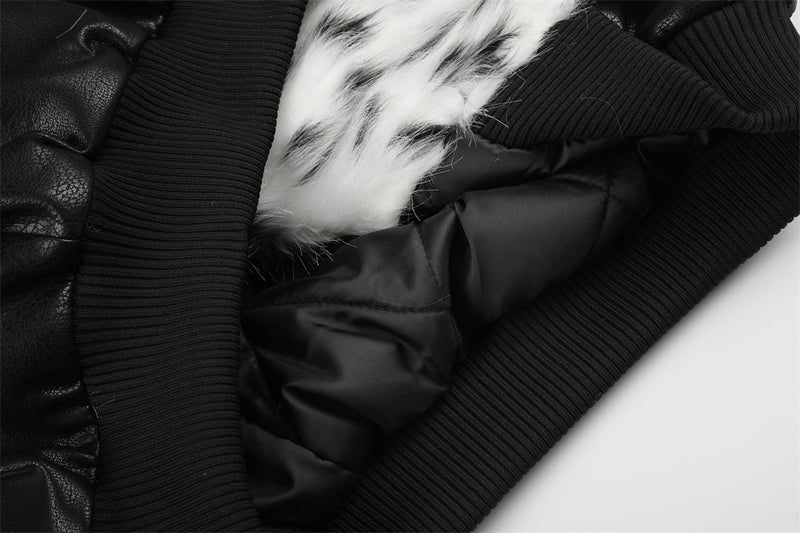 Men's Faux Leather Bomber Jacket with Diagonal Zip & Faux Fur Collar