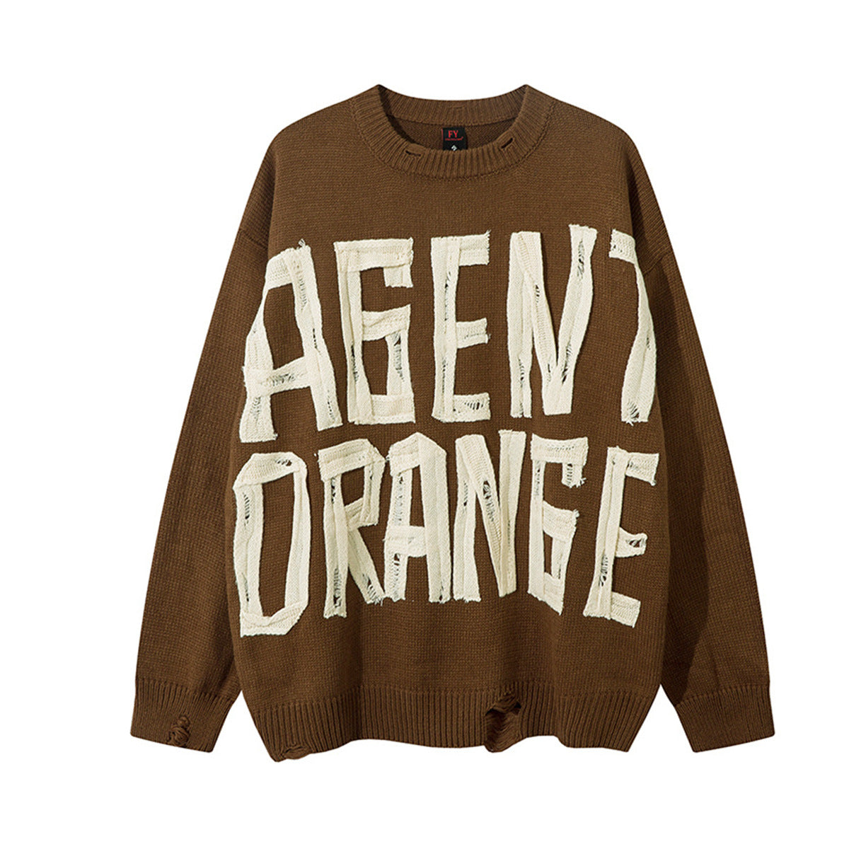 Pull oversize en maille délavée, lettrage graphique Agent Orange, coloris marron, vue de face