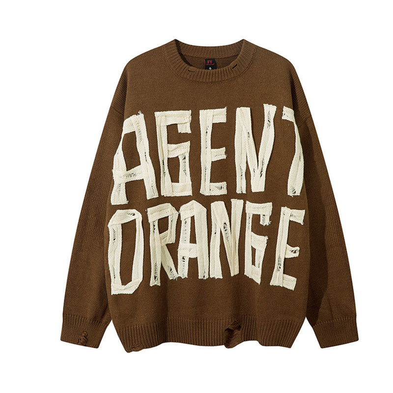 Pull oversize en maille délavée, lettrage graphique Agent Orange, coloris marron, vue de face