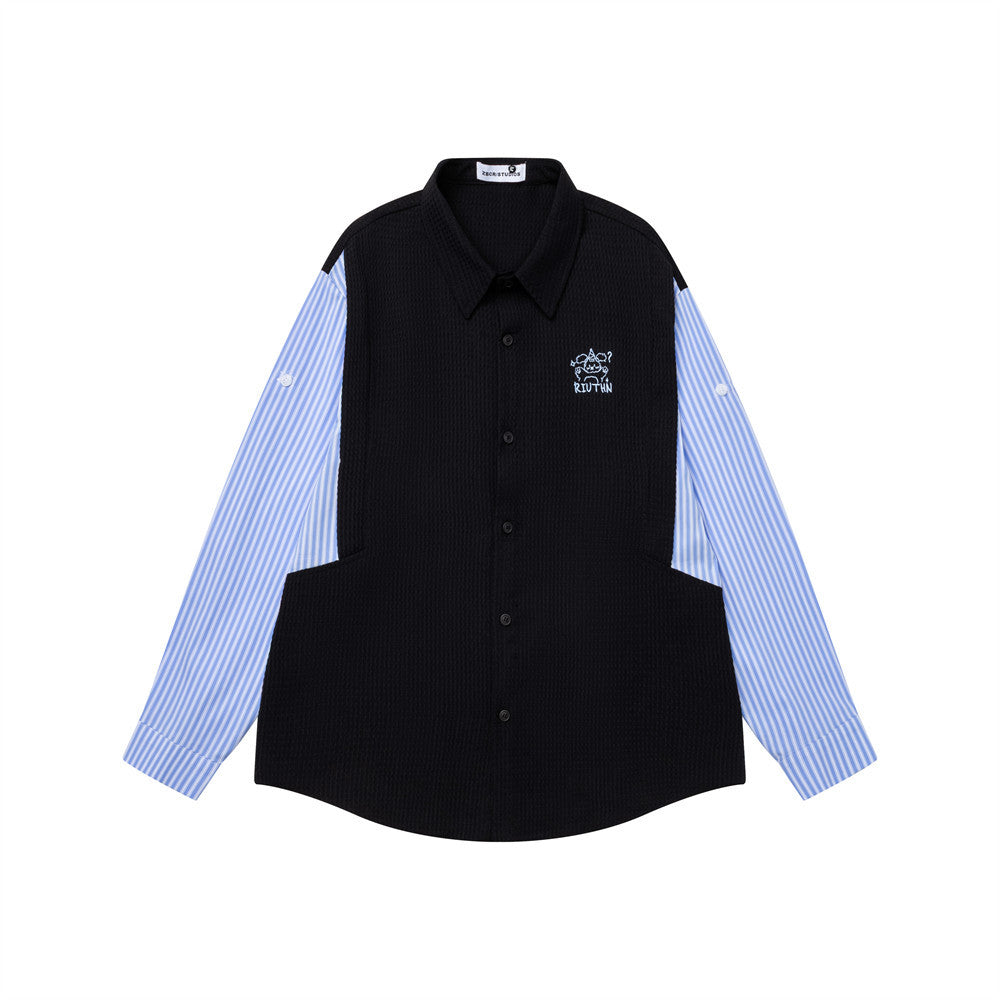 Chemise homme boutonnée à empiècement côtelé & rayures – Coupe preppy oversize