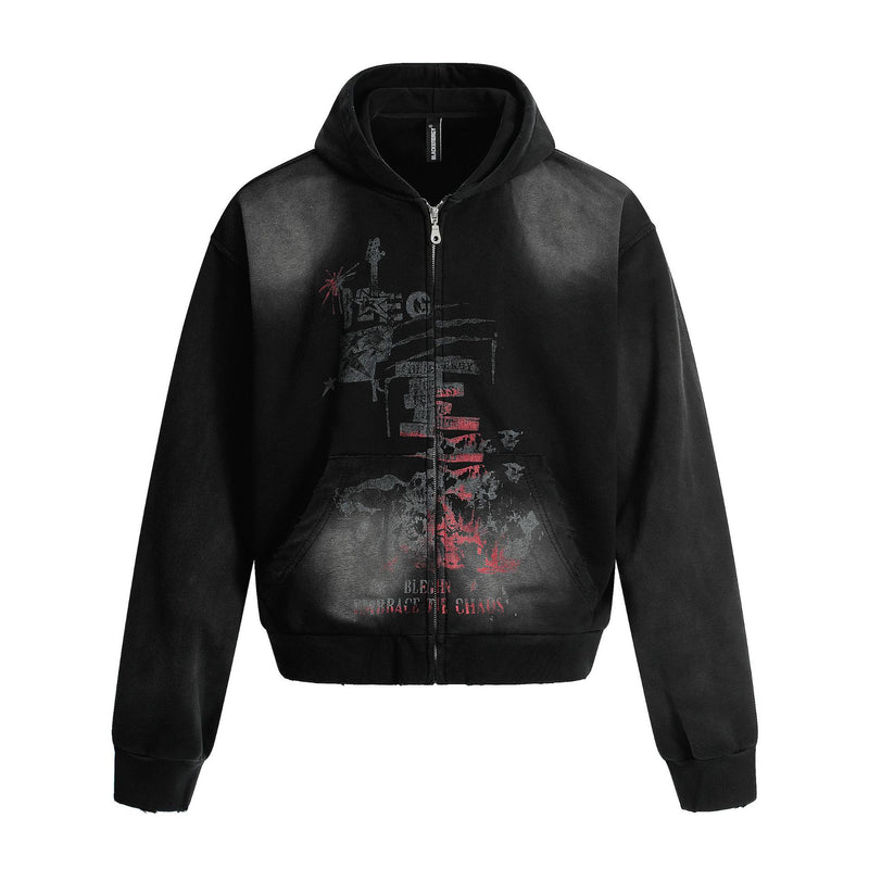 Sweat à capuche zippé noir délavé, avec imprimé graphique usé à l’avant et imprimé Rise and Grind avec écusson griffon au dos