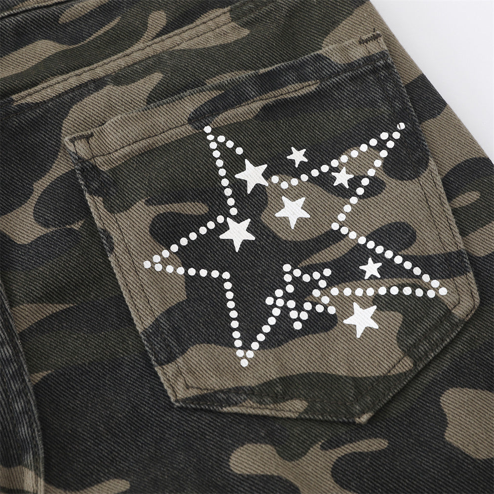 Jean flare homme camouflage avec imprimé étoiles et lettres – Denim bell-bottom streetwear