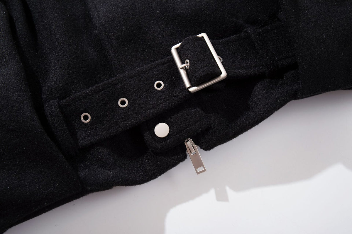 Oversized Wool-Blend Belted Bomber Jacket with Stand Collar