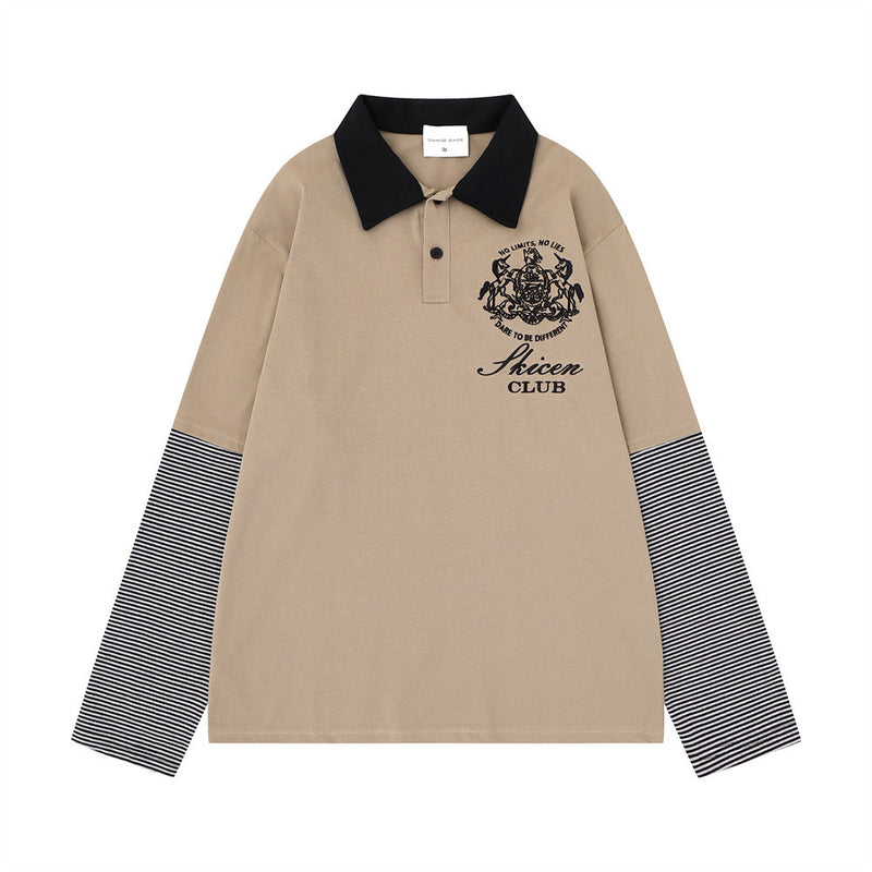 Khaki long sleeve polo shirt front view with black collar, striped sleeves, and chest graphic