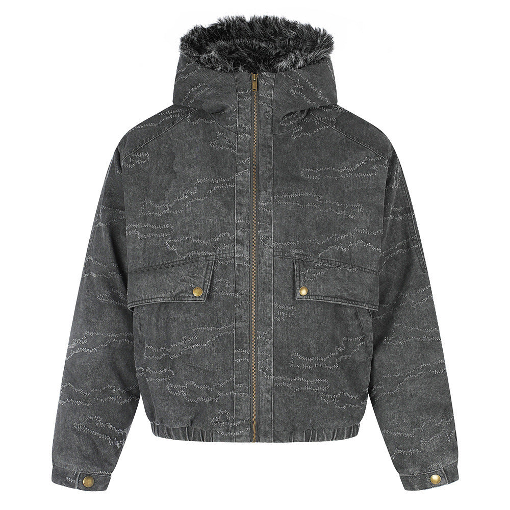 Gewaschene Denim-Pufferjacke mit Kapuze und Kunstfellbesatz – Used-Camo-Stitching
