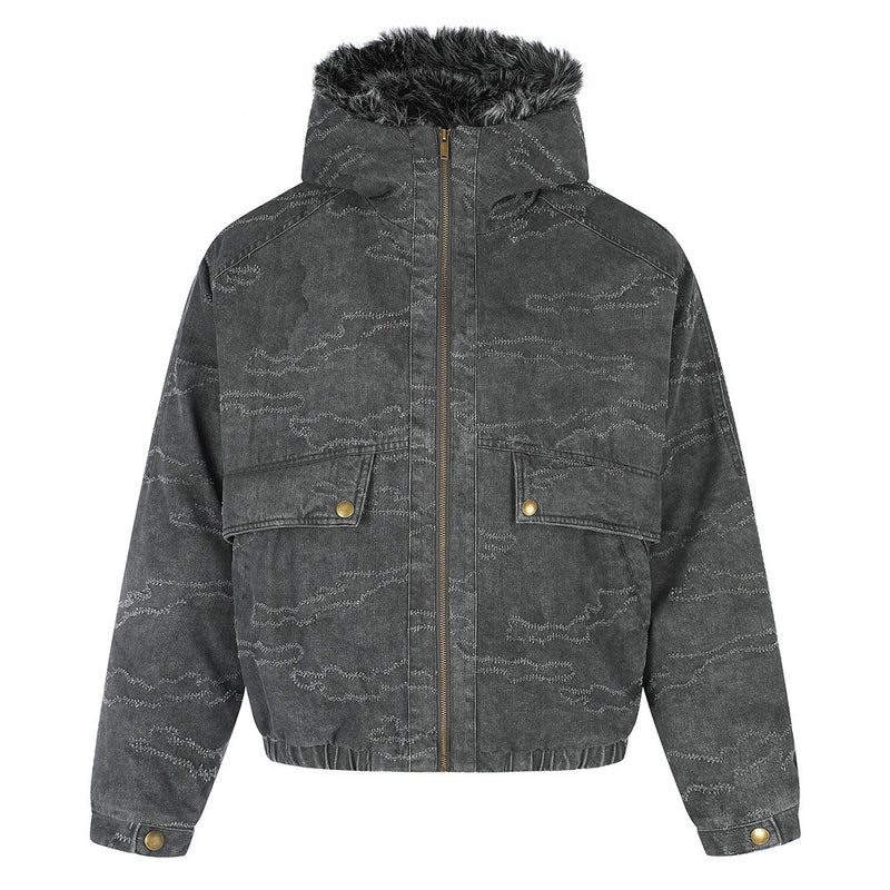 Gewaschene Denim-Pufferjacke mit Kapuze und Kunstfellbesatz – Used-Camo-Stitching