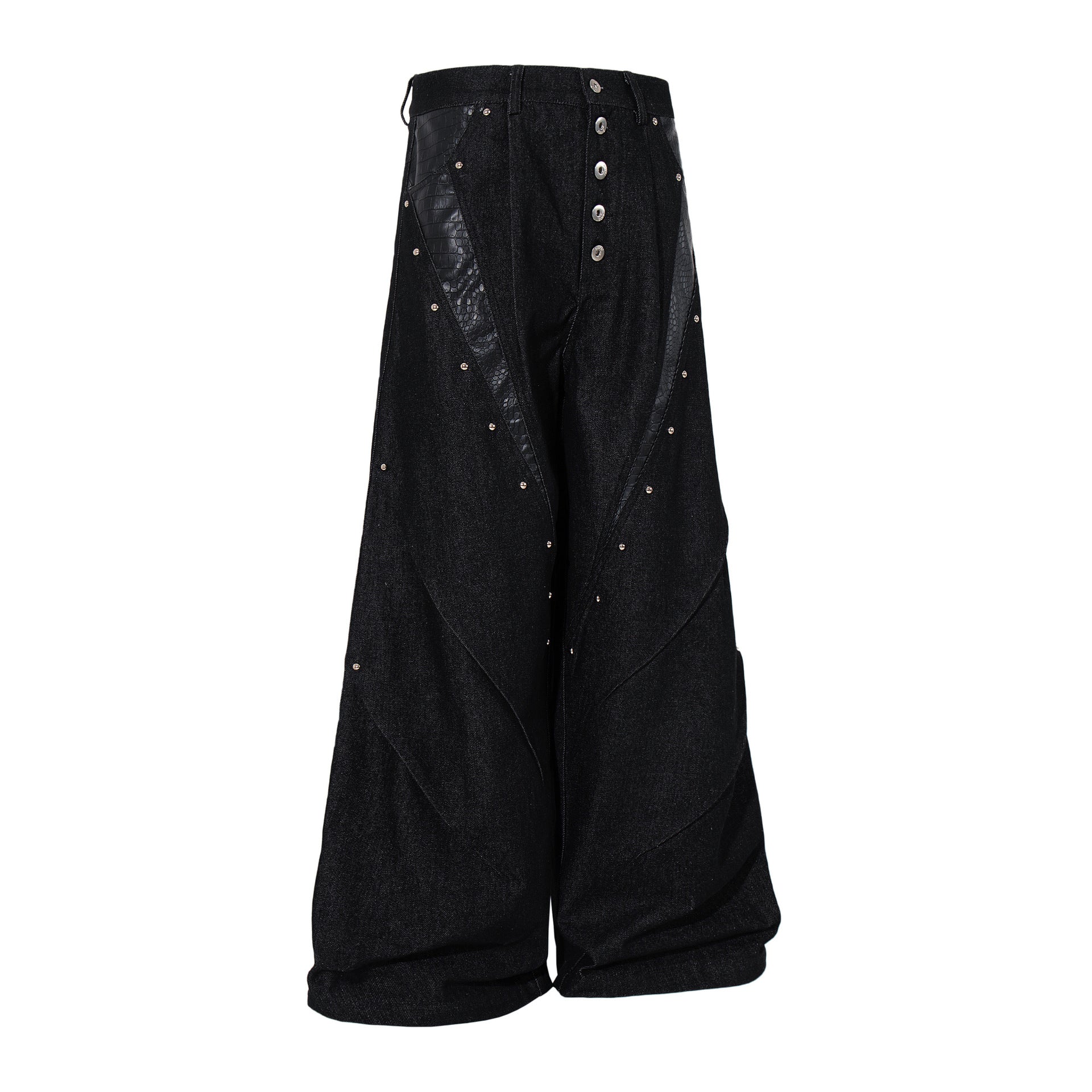 Jean taille haute baggy – Denim noir large avec empiècements effet croco et détails argentés