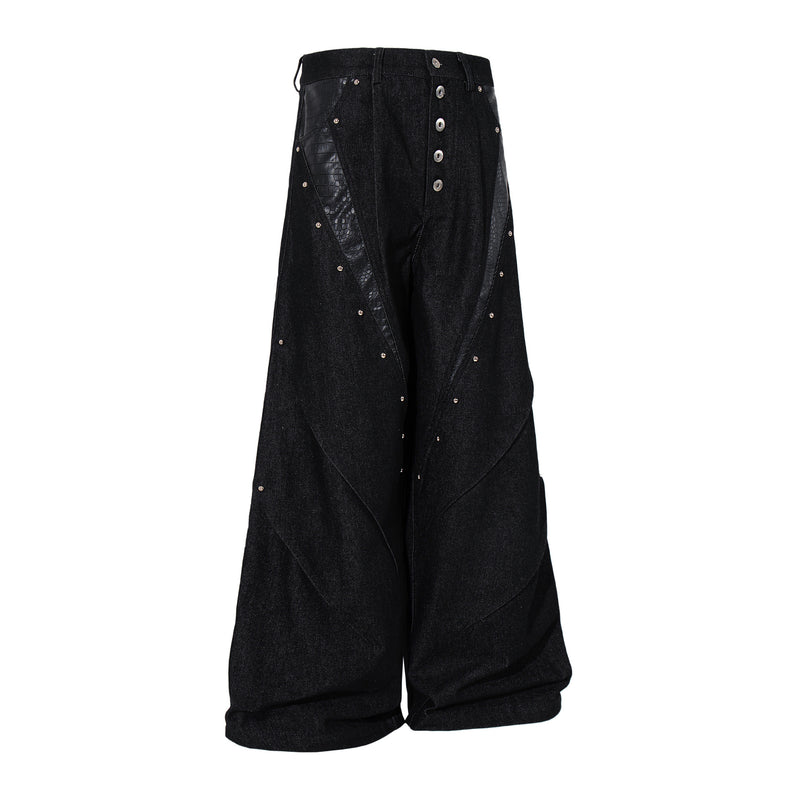 Jean taille haute baggy – Denim noir large avec empiècements effet croco et détails argentés