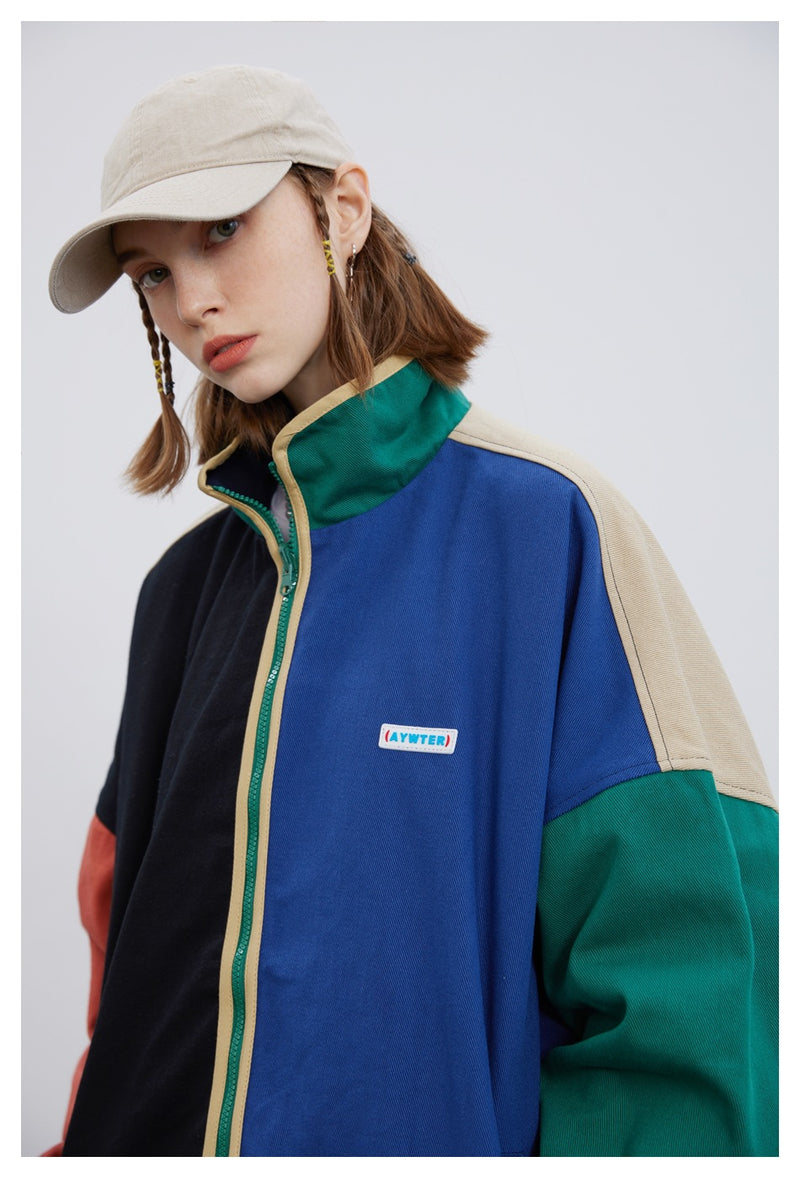 Colorblock Reversible Zip-Up Jacket — Stand Collar, Oversized Fit