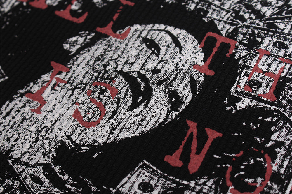 Black Graphic Long Sleeve Tee with Studded Red Collar – Vintage American Print