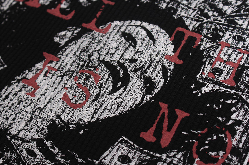 Black Graphic Long Sleeve Tee with Studded Red Collar – Vintage American Print