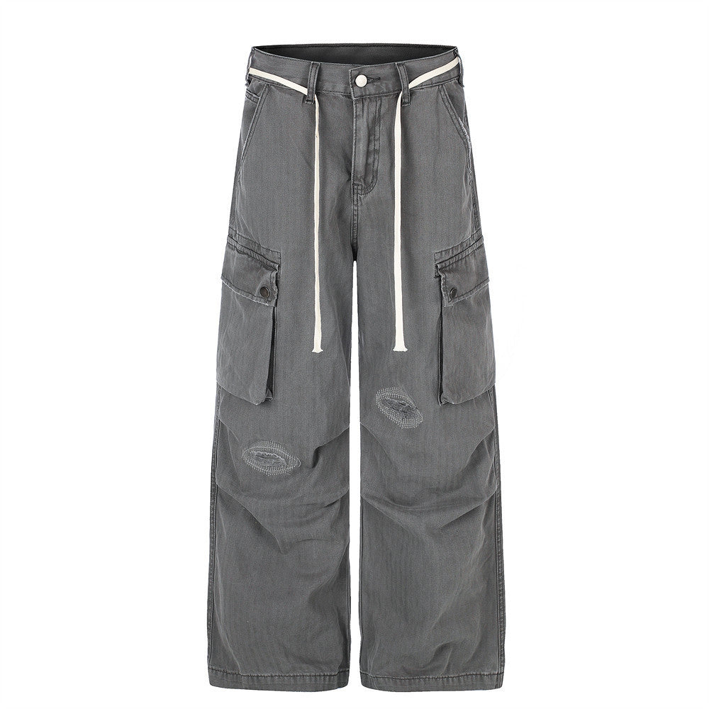 Pantalon cargo homme à jambes larges – Gris anthracite délavé, coupe baggy déstructurée