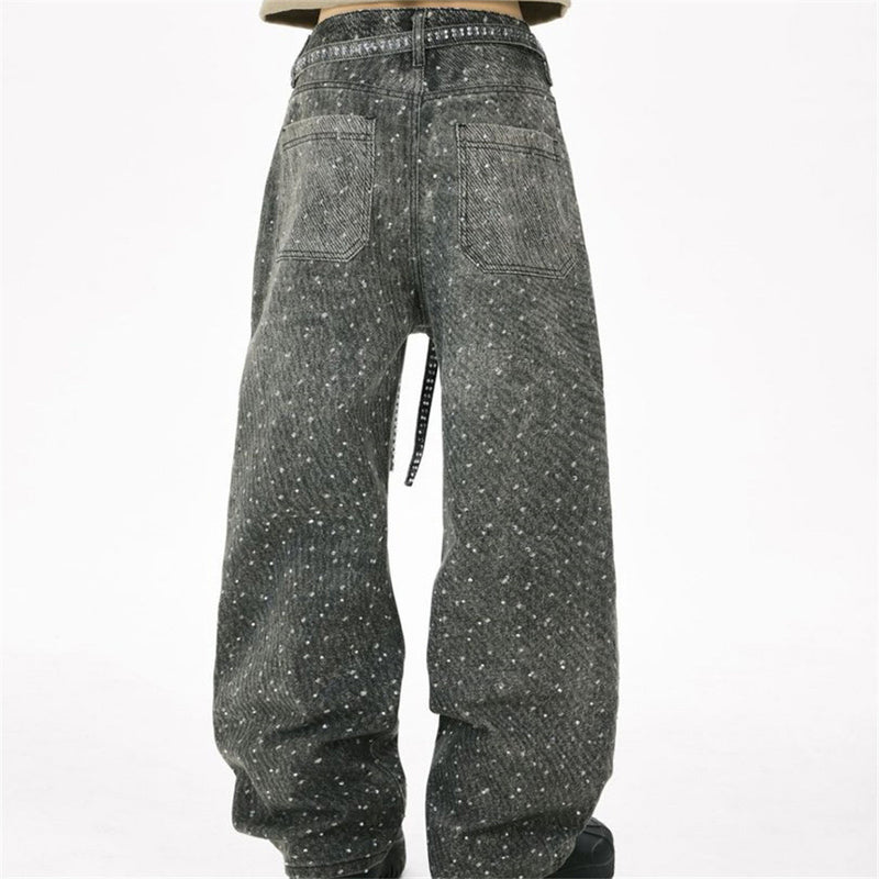 Y2K Baggy Jeans Mens Wide-Leg Rhinestone Embellished Denim Pants