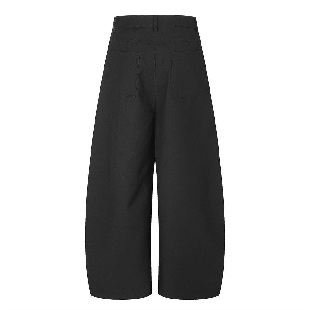 Wide-Leg Pleated Trousers with Diagonal Button Fly
