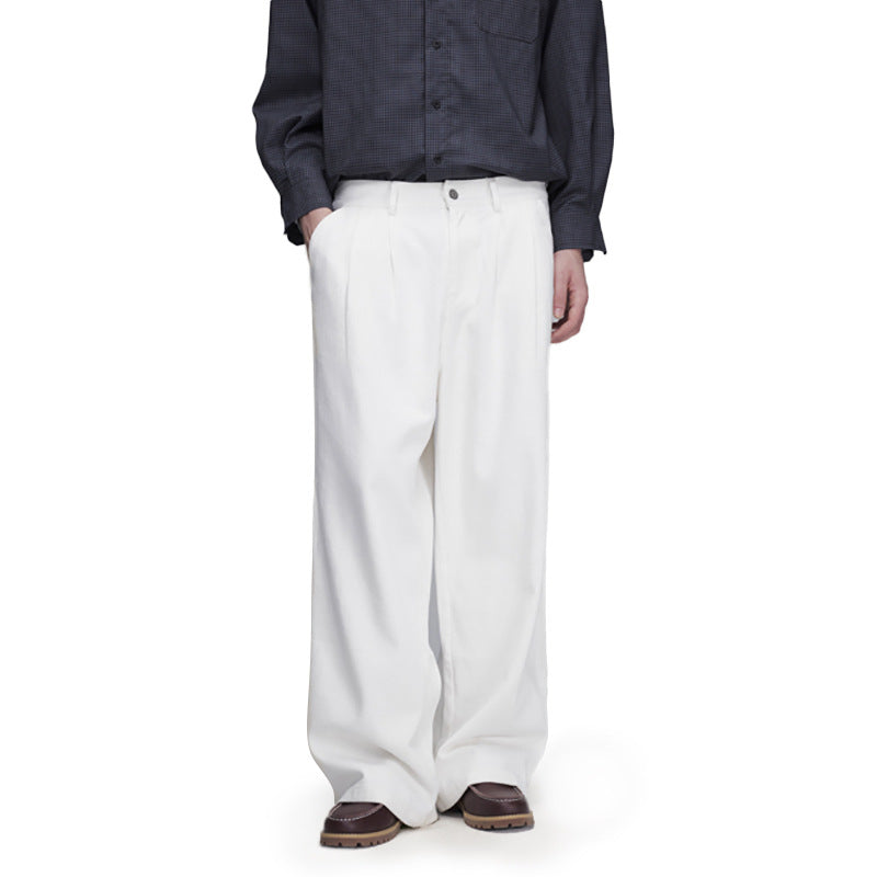 Wide-Leg Straight Casual Pants for Men — Relaxed Fit Pleated Denim Trousers