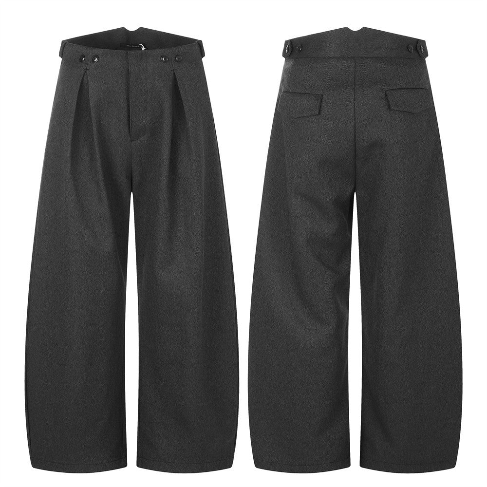 Charcoal grey high-waist wide-leg pleated trousers shown from front and back, featuring decorative button waistband and deep
