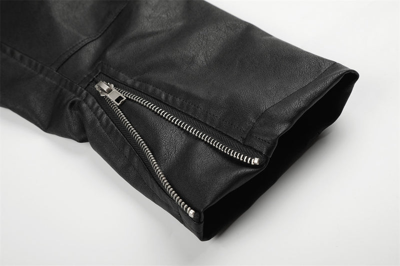 Men's Moto Leather Jacket – Double-Breasted Studded Stand Collar with Zip Cuffs