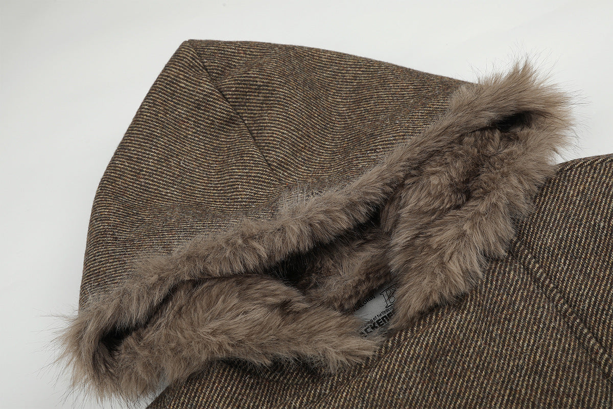 Hooded Bomber Jacket with Faux Fur Trim & Double-Button Front
