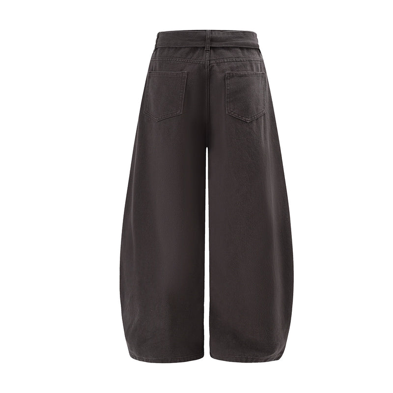 Wide-Leg Barrel Pants with Belt Strap, Pleated High-Waist Washed Casual Trousers
