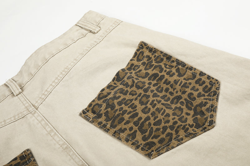 Pantalones de pierna ancha con paneles de estampado de leopardo – Pantalones banana de corte relajado