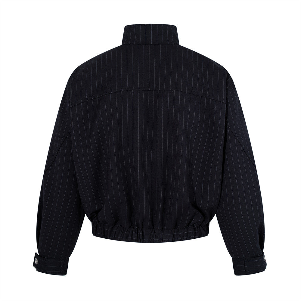 Pinstripe Stand-Collar Bomber Jacket – Relaxed Fit Men's Baseball Jacket