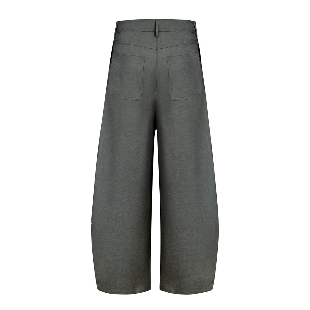 Wide-Leg Pleated Trousers – Diagonal Button Fly, Relaxed Silhouette