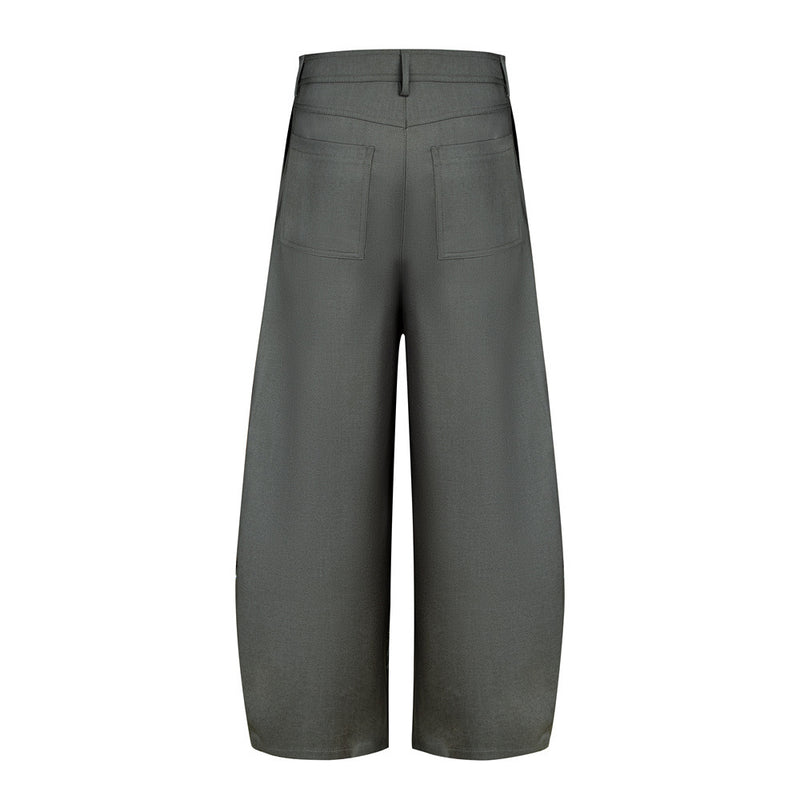 Wide-Leg Pleated Trousers – Diagonal Button Fly, Relaxed Silhouette