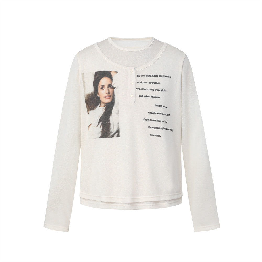 Men's off-white cropped long-sleeve graphic tee with photographic portrait print and letter print on the front chest