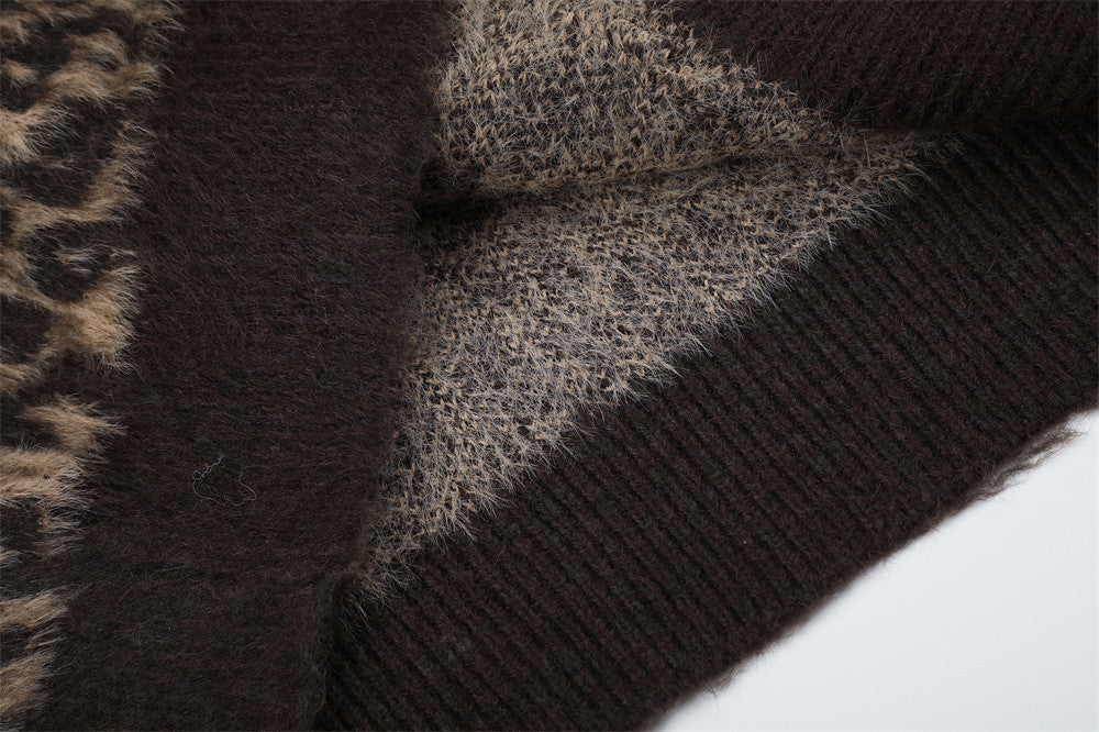 Gilet cardigan zippé intégral en maille duveteuse léopard – Coupe décontractée pour homme