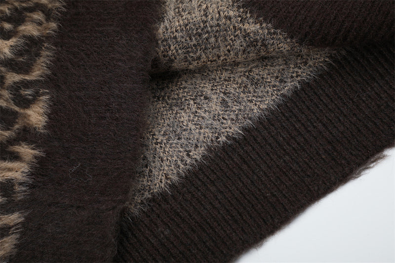 Gilet cardigan zippé intégral en maille duveteuse léopard – Coupe décontractée pour homme