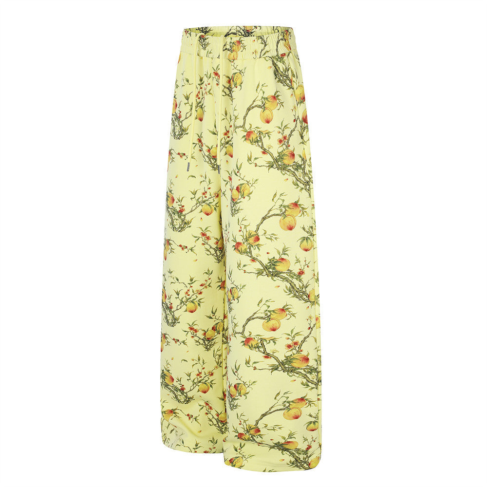Wide-Leg Pants – All-Over Peach Blossom Branch Print, Relaxed Straight Fit