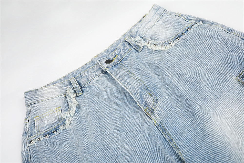 Wide Leg Cargo Jeans with Rhinestone Side Detail & Lace Trim — Light Wash Baggy