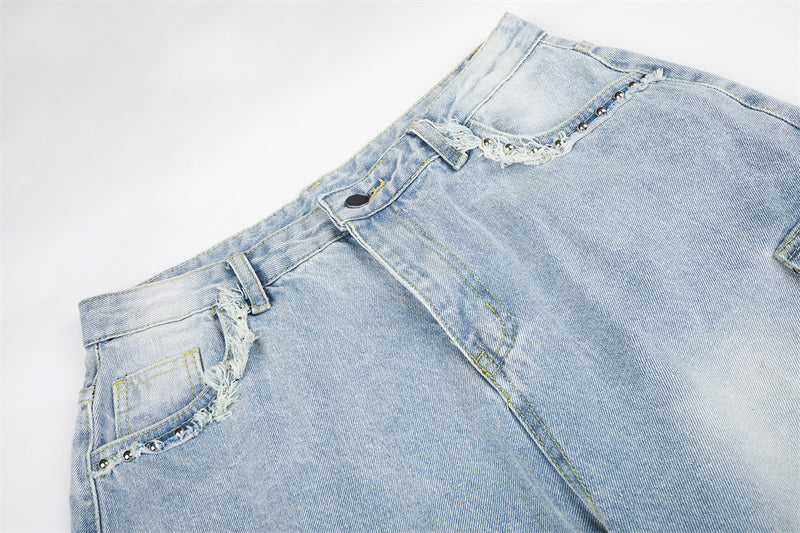 Wide Leg Cargo Jeans with Rhinestone Side Detail & Lace Trim — Light Wash Baggy
