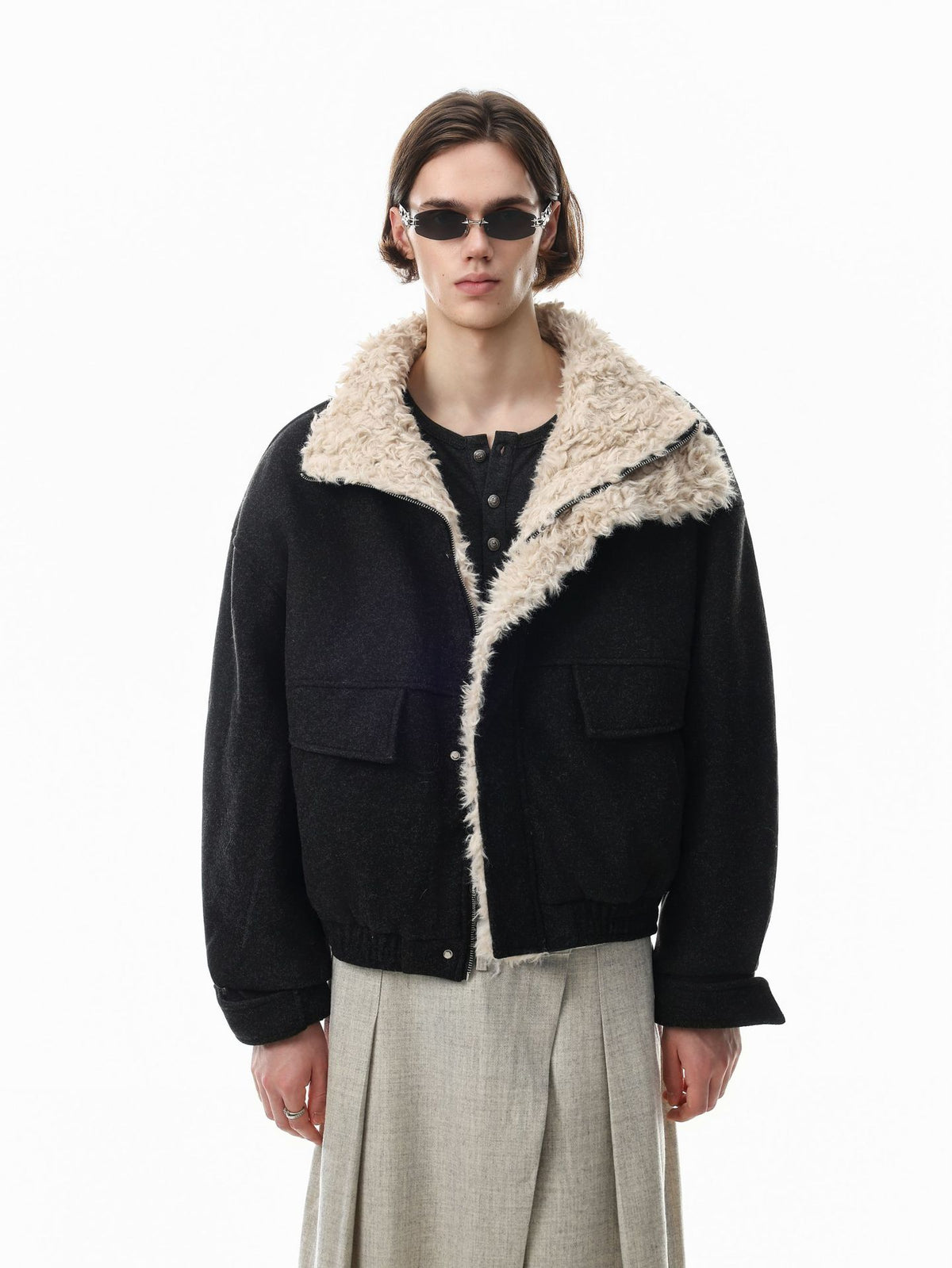 Oversized wool-blend bomber jacket with cream sherpa lining and stand collar in dark charcoal grey