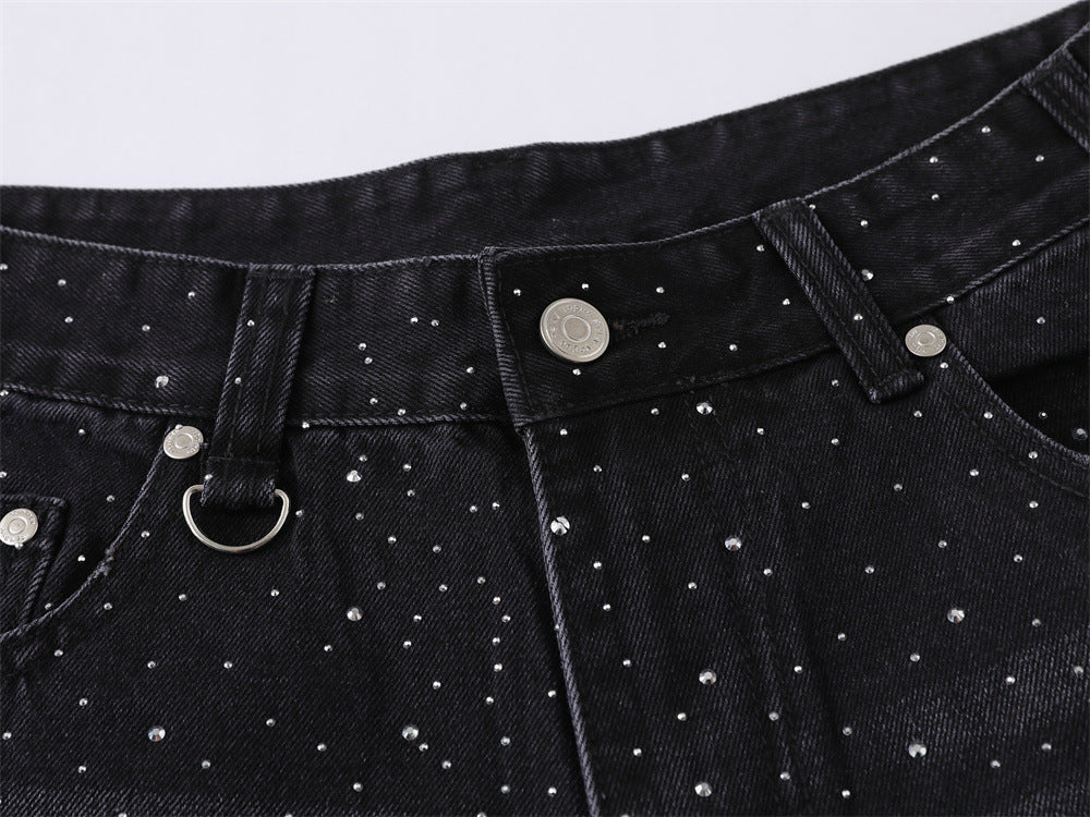 Wide-Leg Rhinestone Denim Shorts – Vintage Washed Straight-Cut Bermuda